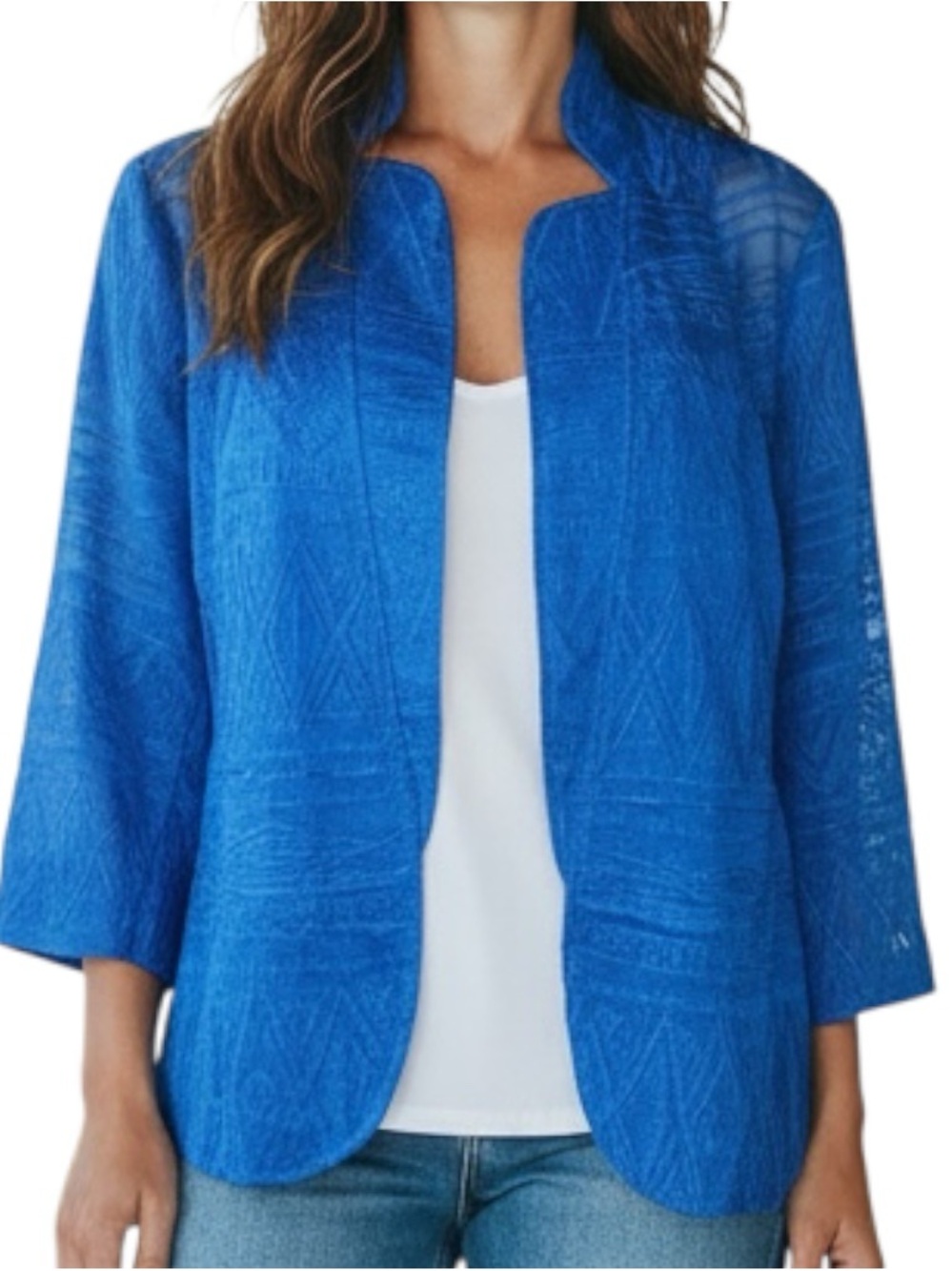 CHICOS lightweight embroidered open front blazer blue